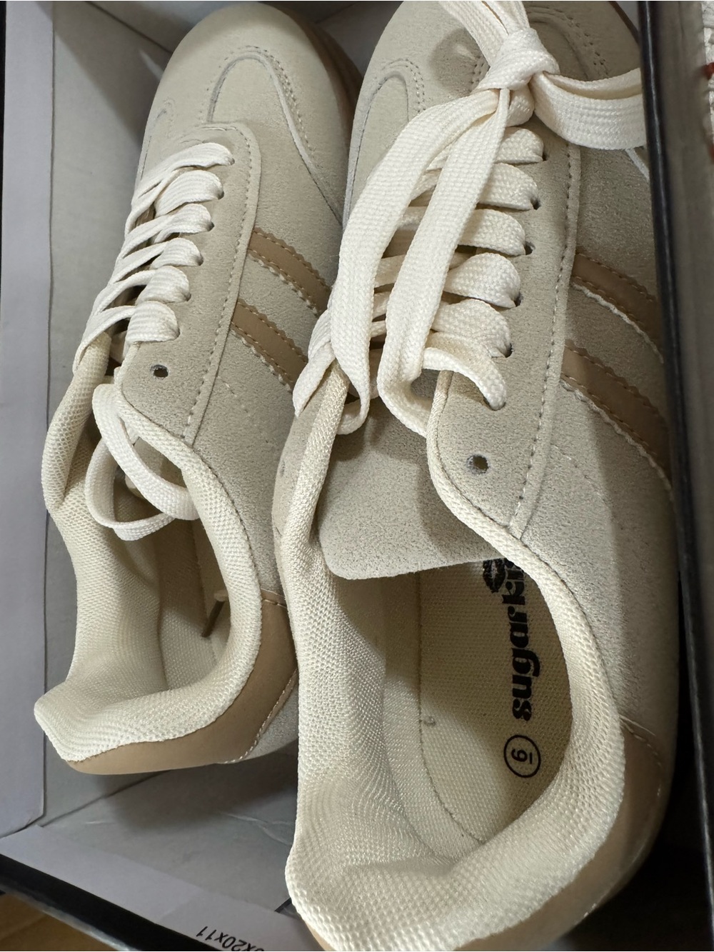 Sugarlips Cream Suede Sneakers with Tan Accent Stripes